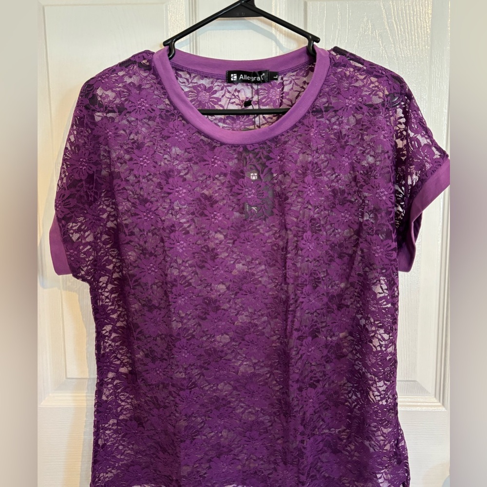 Allegra K Purple Lace Short Sleeve Top - Picture 2 of 7